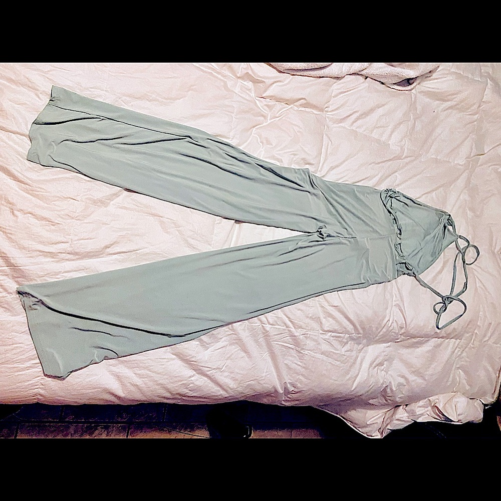 BOHO pistachio spandex jumpsuit- open back